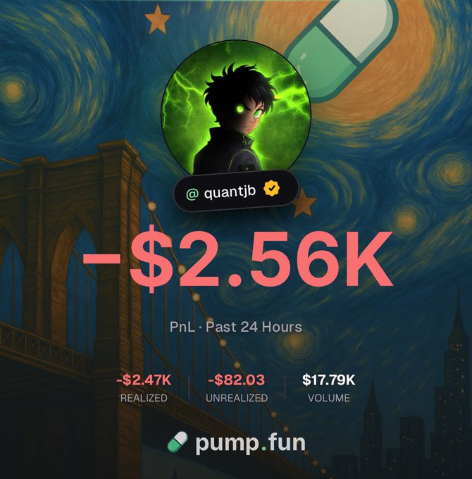 A trading dashboard card from "pump.fun" shows user @quantjb with a PnL of **-$2.56K** over the past 24 hours (Realized: -$2.47K, Unrealized: -$82.03, Volume: $17.79K) against a Van Gogh–style starry night backdrop. The image illustrates the caption's claim of a rough start to Sunday with losses, despite optimism of reaching 10k+ by day's end.