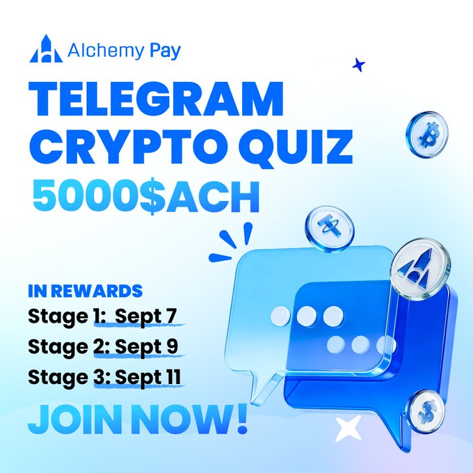 Promotional graphic for Alchemy Pay's Telegram Crypto Quiz, advertising a 5000 $ACH prize pool across three stages on September 7, 9, and 11, featuring the Alchemy Pay logo, blue chat bubble, and crypto coin icons against a light blue background.