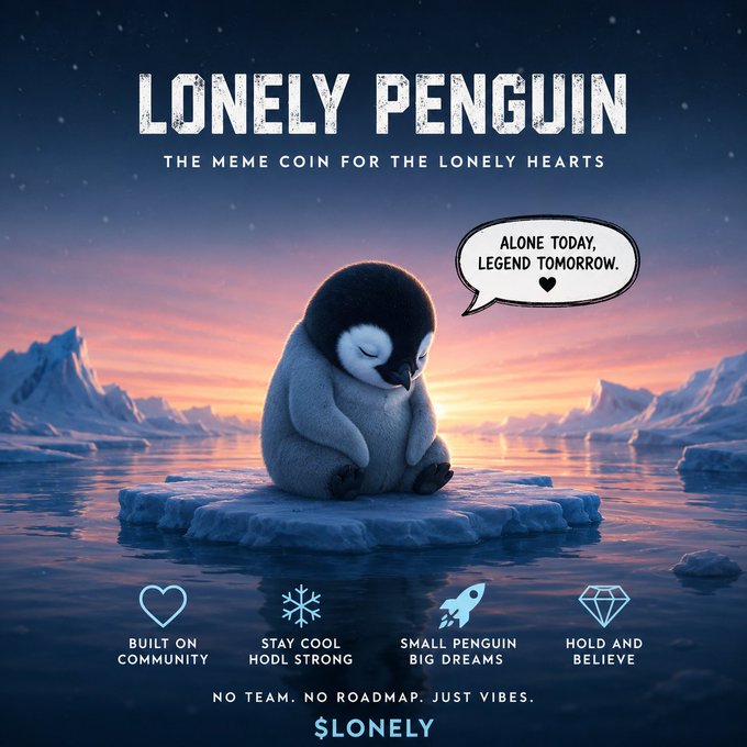 Promotional graphic for 'LONELY PENGUIN' meme coin featuring a sad penguin on ice at sunset with the tagline 'THE MEME COIN FOR THE LONELY HEARTS' and ticker $LONELY.