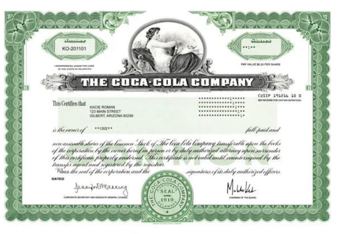 A template for a stock certificate for "THE COCA-COLA COMPANY," featuring a green ornate border, a central emblem with a woman, and visible text including "KO-201101" and a share value of "$0.25 PER SHARE."