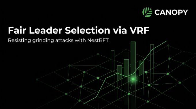 A dark slide with the "CANOPY" logo reads "Fair Leader Selection via VRF - Resisting grinding attacks with NestBFT," featuring a green line graph and grid pattern.