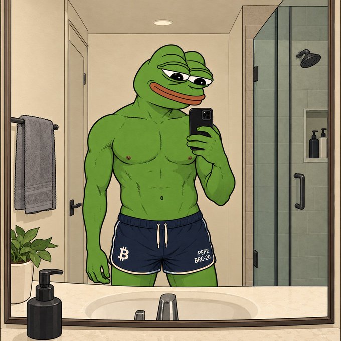 Illustration of a buff green Pepe the Frog character taking a mirror selfie in a bathroom, wearing navy blue shorts with a Bitcoin logo and 'PEPE BRC-20' text.