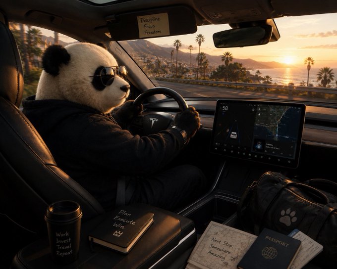 An AI-generated image of a panda wearing sunglasses and a black hoodie driving a Tesla, with a note reading 'Discipline Focus Freedom' on the windshield and items like a passport, duffel bag, and a book titled 'Plan Execute Win' in the car.