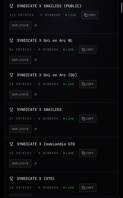 Dark-themed interface listing multiple live syndicate contests including 'SYNDICATE X SNAILIES (PUBLIC)', 'SYNDICATE X Oni on Arc WL', and others with copy/duplicate options.