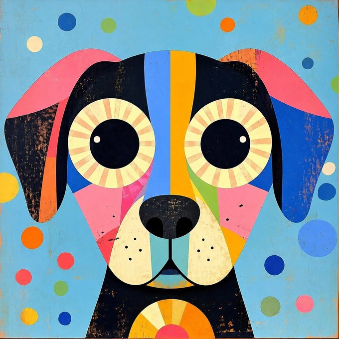 Colorful pop-art style painting of a dog's face with large circular eyes, featuring pink ears, a blue background, and multicolored polka dots scattered throughout.