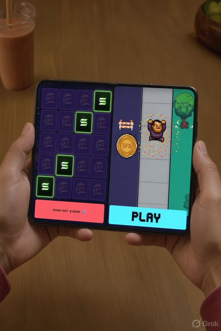 Hands holding a foldable phone displaying a mobile game with a grid of money icons and a 'PLAY' button, with a 'CASH OUT 6.02G' label.