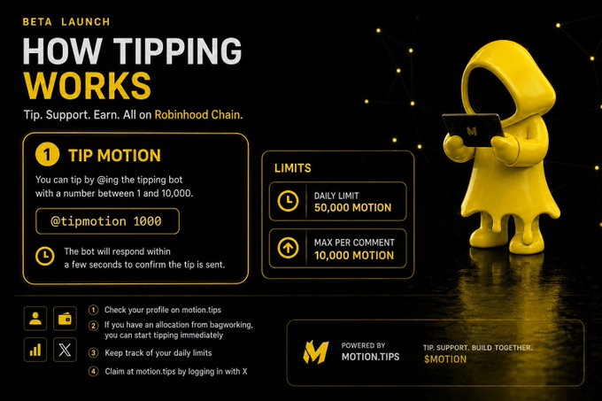 The image is a promotional graphic titled "How Tipping Works" for the $MOTION token's beta launch on Robinhood Chain, featuring a hooded figure in yellow holding a smartphone. It outlines the tipping mechanics, including the 1–10,000 $MOTION per comment and 50,000 $MOTION daily limits, and provides steps to get started—all of which directly visualize the post's explanation of how to use the @tipmotion bot to support "bagworkers."