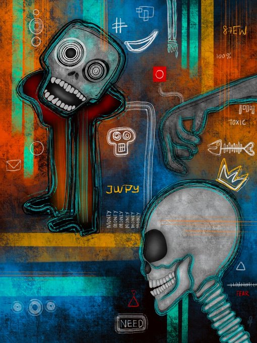 A colorful street art-style illustration featuring cartoon characters, a skull, and various graffiti elements with words like 'JURY,' 'TOXIC,' 'NEED,' and 'MONEY.'