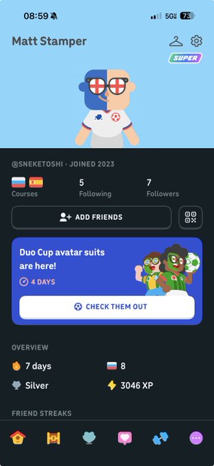 A mobile app profile screen for 'Matt Stamper' (@SNEKETOSHI) showing stats (5 Following, 7 Followers, Silver rank, 3046 XP, 7 days streak) and a banner ad for 'Duo Cup avatar suits'.