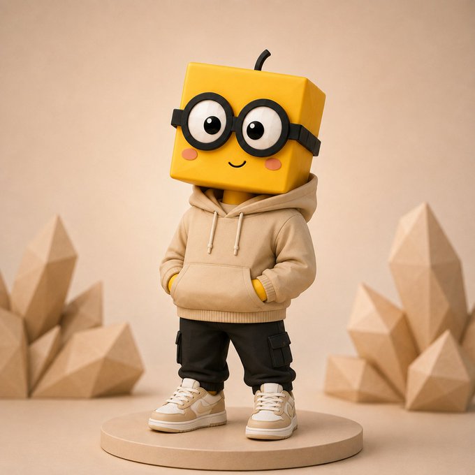 A cheerful cartoon character with a yellow block-shaped head, oversized glasses, and a beige hoodie stands confidently on a pedestal, surrounded by geometric crystal-like formations. The character's optimistic stance and streetwear style perfectly match the motivational post's message about embracing each day as a fresh opportunity to succeed and keep building.