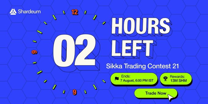 A promotional countdown graphic for Shardeum's Sikka Trading Contest 21, displaying "02 HOURS LEFT" with a clock face design, ending 7 August at 6:00 PM IST with 13M SHM in rewards, and featuring a "Trade Now" call-to-action button.