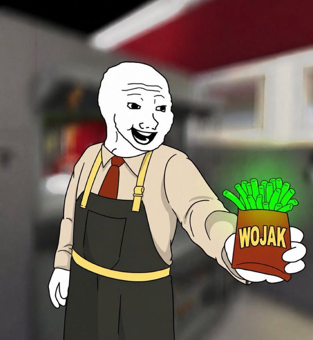 The image features a cartoon man wearing an apron, holding up a container filled with green beans labeled "WOJAK" as if he's about to serve them. The caption provided suggests that this could be related to a discussion or analysis of the early days of the cryptocurrency market and its connection to the $PEPE MOG token.