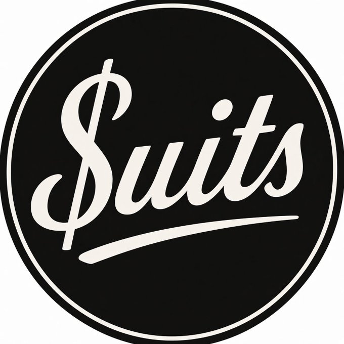 A black circular logo features the word "Suits" in cream-colored script lettering with a dollar sign replacing the "S," visually reinforcing the $SUIT token branding highlighted in the accompanying post about its tokenomics and distribution.