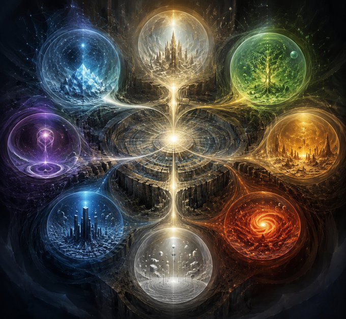 A cosmic abstract artwork featuring interconnected glowing orbs in various colors—blue, gold, green, purple, and red—each containing different worlds (an ice castle, a tree, a city, a galaxy), all radiating from a bright central nexus.