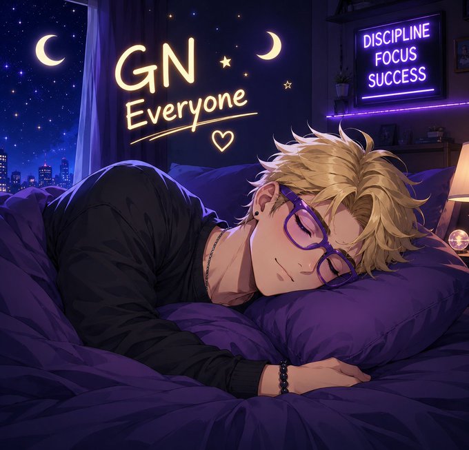 An anime-style illustration shows a blonde person with glasses sleeping peacefully in a purple bed, with glowing text reading 'GN Everyone' and a neon sign saying 'DISCIPLINE FOCUS SUCCESS'.