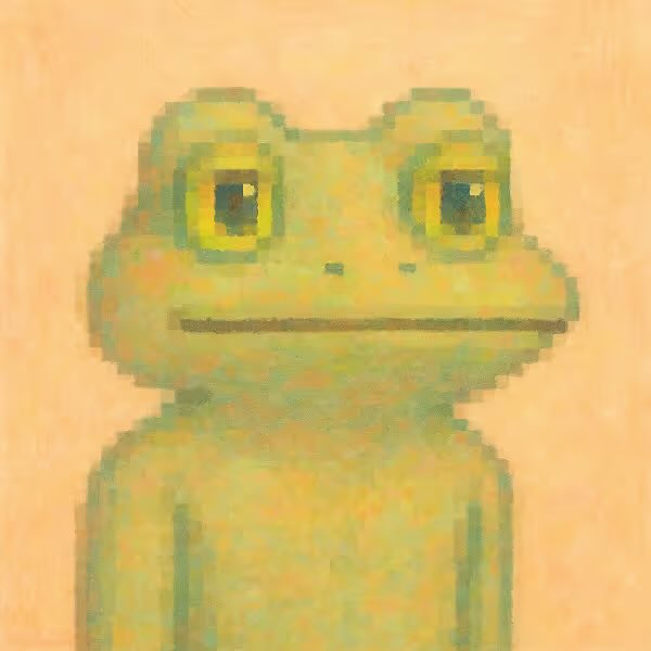 A pixelated, pastel-hued illustration of a green frog's face and upper body against a peach background, capturing the cute, simplistic "Gribbit" style referenced in the post.