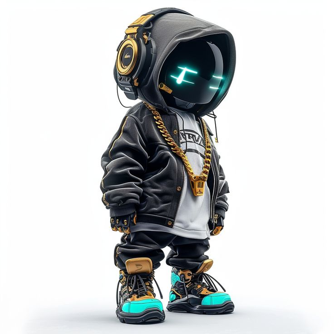 A futuristic hooded character with glowing teal eyes, oversized gold-accented headphones, a black bomber jacket, chunky gold chain, and teal-and-black sneakers stands against a white background, embodying the tech-savvy, style-conscious vibe of earning crypto rewards through simple brand missions on platforms like Hero.