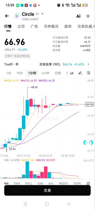 A mobile app screenshot showing stock market analytics for 'Circle' (CRCL/USDT) at $66.96, up 5.60%, with candlestick charts and trading volume data.