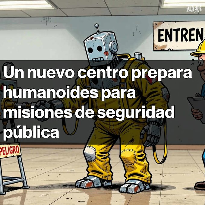 An illustration depicts a worn, yellow-suited robot with a metallic head standing in what appears to be a training facility, accompanied by Spanish text reading "Un nuevo centro prepara humanoides para misiones de seguridad pública."