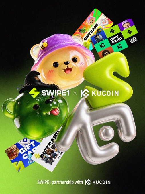 The promotional graphic for the Swipe1 × KuCoin Gift Card features 3D-rendered cartoon characters—a purple-hooded bear with a bee, a green Frankenstein-style bear, and colorful "SF" lettering—alongside branded gift cards and the text "SWIPE1 × KUCOIN" and "SWIPE1 partnership with KUCOIN," visually celebrating the partnership announcement.