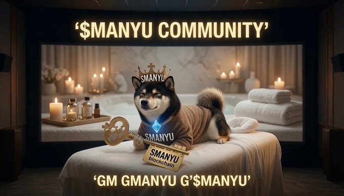 A Shiba Inu dog wearing a golden crown reclines on a spa bed holding a scepter, surrounded by candles and branded with "$MANYU," "$MANYU COMMUNITY," and "GM GMANYU G'$MANYU" text, symbolizing the $MANYU community as a luxurious, loyal "army." The regal imagery and "GM" greeting reinforce the post's celebration of $MANYU's strong, united community.