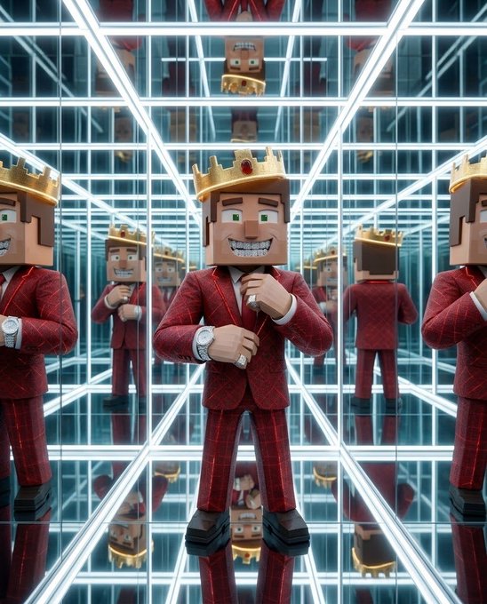 A 3D rendered character with a blocky head, wearing a red plaid suit, gold crown with a red jewel, and a silver watch, standing in a mirrored room with neon grid lines that reflect his image infinitely.