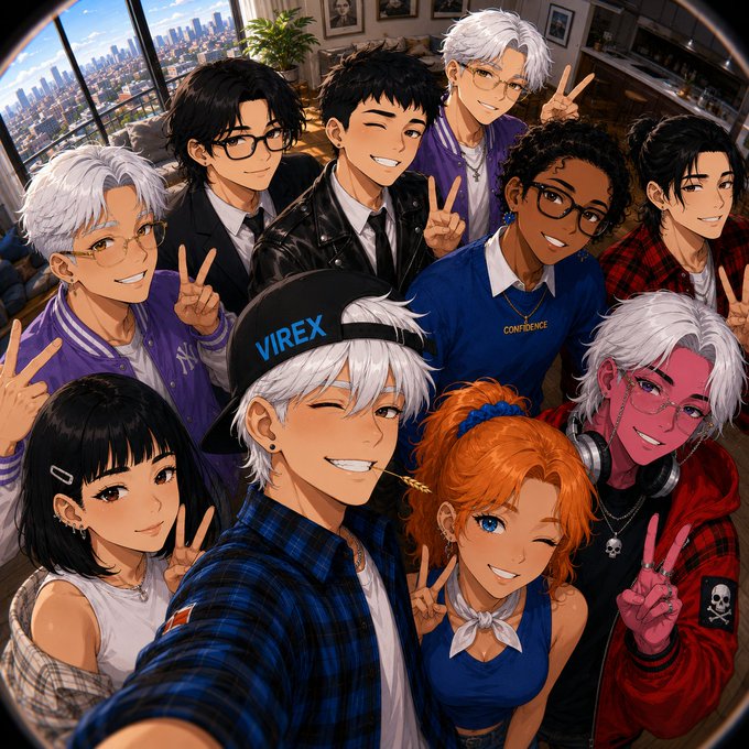 A selfie featuring an anime-style group of nine diverse characters posing together with peace signs in a stylish room with a city view, the front character wearing a cap labeled "VIREX." The post's message to @regenverse fans is brought to life by the friendly, unified "gang" vibe of the group, promoting positivity and community spirit.