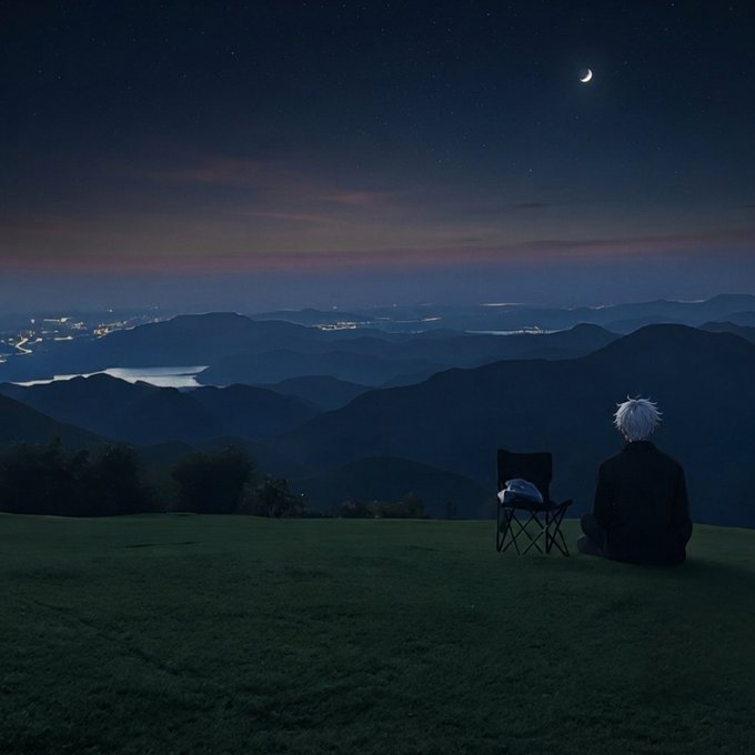 An anime-style illustration of a white-haired person sitting on grass beside a folding chair, looking out over a scenic mountain landscape with city lights visible in the distance and a crescent moon in the night sky.