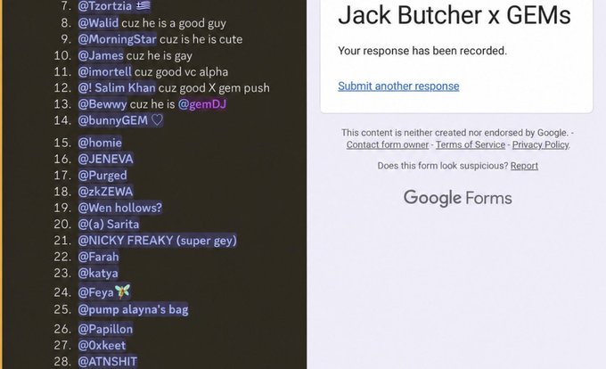 A screenshot of a chat with a numbered list of users/comments next to a Google Forms confirmation for 'Jack Butcher x GEMs' stating 'Your response has been recorded.'