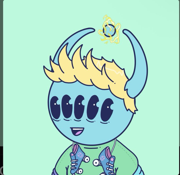 A cartoon drawing of a blue creature with five eyes, blonde hair, and blue horns, wearing a green shirt and holding sneakers against a light green background.