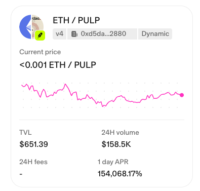 A cryptocurrency trading interface showing the ETH/PULP pair with a current price of <0.001 ETH, a TVL of $651.39, 24H volume of $158.5K, and an APR of 154068.17%.