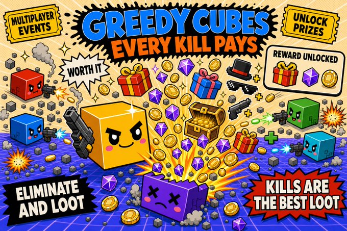 A vibrant promotional graphic for "Greedy Cubes" featuring cartoon cubes with weapons battling on a grid battlefield, surrounded by coins, gems, and gift boxes. Text highlights include "EVERY KILL PAYS," "MULTIPLAYER EVENTS," "UNLOCK PRIZES," "ELIMINATE AND LOOT," and "KILLS ARE THE BEST LOOT," visually reinforcing the post's message about earning rewards through multiplayer combat and eliminations.