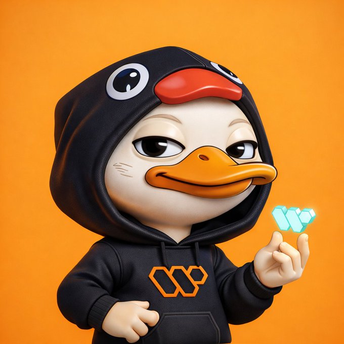 The image features a cartoon duck character wearing a hoodie with the letters "W" and "P" printed on it. The duck is standing against an orange background, holding up a small diamond-shaped object that has the word "Web3" written on it. The caption below the image reads, "Focus on what is in the image and how it relates to the post: @wallchain is redefining Web3 marketing with AI, enabling projects to find the right creators and the right communities instead of relying on surface-level follower counts".