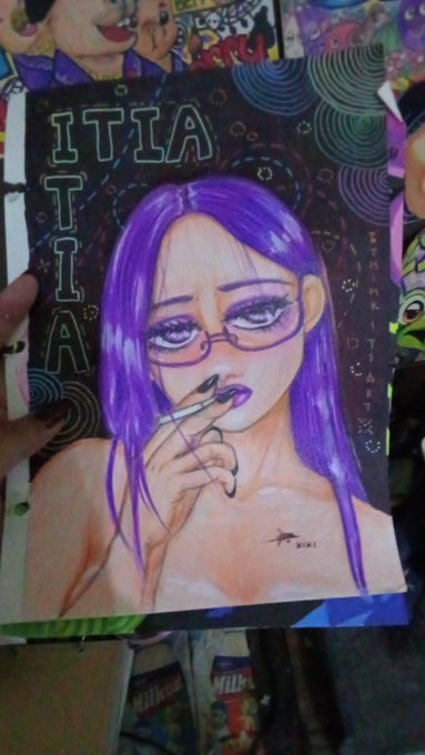The image features a drawing of a woman with purple hair wearing glasses and smoking a cigarette. The drawing is accompanied by text that reads "Itia" and "May photo dump And dozens of sheets of my drawings that didn't win, hurt. But i always keep it up". The drawing appears to be a part of an art project or a personal collection of drawings.