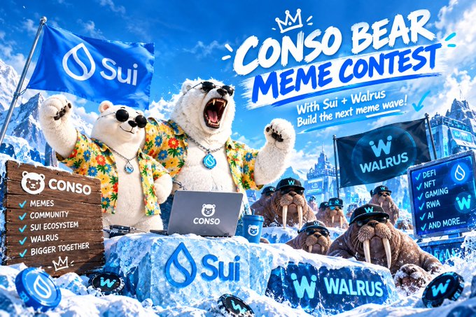 Promotional artwork for the 'CONSO BEAR MEME CONTEST' featuring a bear in sunglasses and floral shirt celebrating with Sui and Walrus crypto branding.