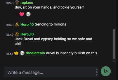 A chat interface shows users with names like "replace" and "Hero_10" discussing buying and sending items, with comments about "Jack Duval and cypsey holding" and someone being "insanely bullish."