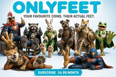The image is an ad for "ONLYFEET," a parody subscription service for $4.99/month, featuring a lineup of anthropomorphic creatures—rabbits, frogs, dogs, a frog, and others—all wearing only socks, with the slogan "Your favourite coins. Their actual feet." The accompanying post humorously ties into the feet theme, lamenting life's struggles and playfully mentioning needing to "feed mi Scrypt familia," jokingly equating the OnlyFans-style feet content to crypto culture.