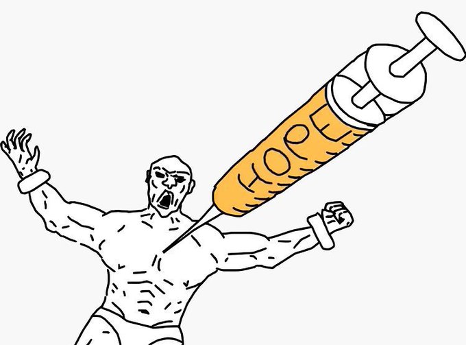 A cartoon illustration of a muscular, restraints-free man being injected with a large syringe labeled 'HOPE'.