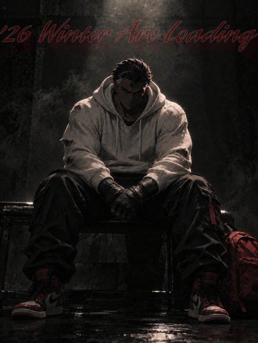 Dark stylized illustration of a muscular man in a white hoodie and red sneakers sitting with his head bowed, with the text '26 Winter Are Loading' at the top.