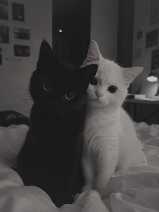 Two cats, one black and one white, sit close together on a bed, with the white cat leaning affectionately against the black one. The dimly lit room has photos pinned to the walls and a desk lamp in the background.