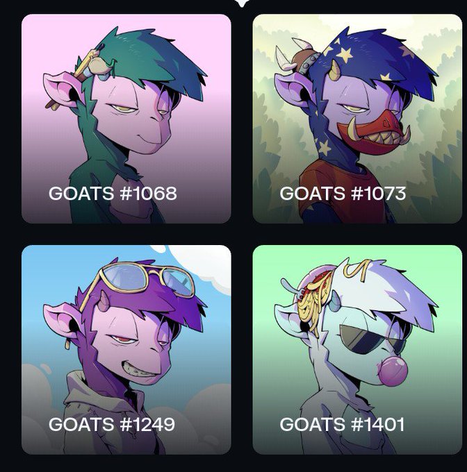 Four NFT character cards labeled 'GOATS #1068', '#1073', '#1249', and '#1401' display stylized purple goat-like creatures with various accessories like sunglasses and different hair colors.
