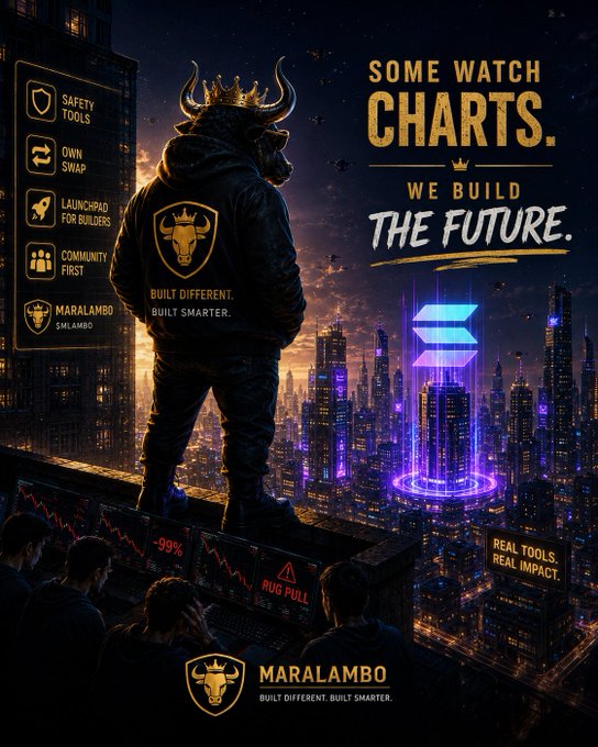 A promotional crypto poster featuring a figure in a hoodie with a bull logo overlooking a futuristic neon cityscape, with text 'SOME WATCH CHARTS. WE BUILD THE FUTURE.' and 'MARALAMBO'.