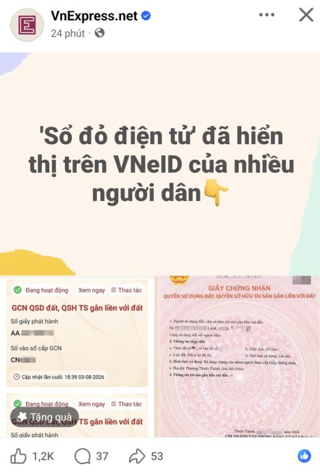 A Facebook post from VnExpress.net stating that 'electronic maps' have appeared on VNeID for many citizens, with engagement metrics showing 1.2K likes.