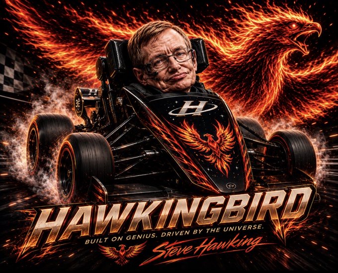 An action-movie style poster featuring Stephen Hawking's face on a Formula 1-style race car with a phoenix in the background, titled 'HAWKINGBIRD' with the tagline 'BUILT ON GENIUS. DRIVEN BY THE UNIVERSE' and signed 'Steve Hawking'.