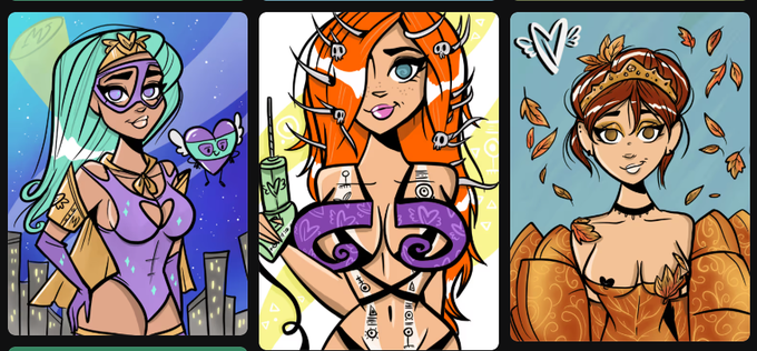 Three @MetaVixensNFTs are displayed, part of an ecosystem migration from Polygon to ETH. The vibrant illustrations feature stylized female characters with unique outfits and backgrounds, highlighting the artistic appeal of these digital collectibles.