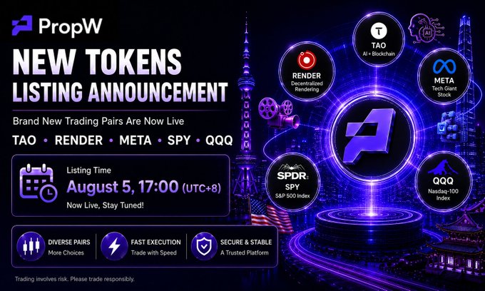 PropW promotional graphic announcing 'New Tokens Listing Announcement' for trading pairs TAO, RENDER, META, SPY, and QQQ, listing at August 5, 17:00 (UTC+8).