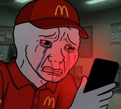 The image shows a crying McDonald's worker wearing the iconic red uniform and cap with the golden "M" logo, staring despondently at a phone. It humorously reinforces the post's lament about losing a $70,000 investment down to just $4, using the fast-food worker aesthetic to underscore feelings of financial ruin and regret.