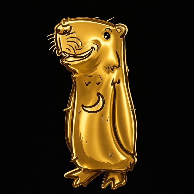 A shiny gold-colored illustration of a smiling otter standing upright on a solid black background.