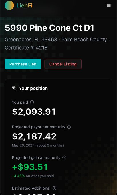 A screenshot of the LienFi app displaying a property lien listing for 5990 Pine Cone Ct D1 in Greenacres, FL (Certificate #14218), showing an invested position of $2,093.91 with a projected payout of $2,187.42 by May 29, 2027, yielding a +$93.51 (+4.46%) gain—illustrating the type of high-class investment opportunity available through the $LFI platform.