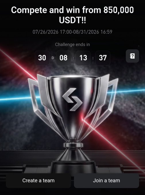 A promotional screen for a trading competition offering up to 850,000 USDT in prizes, with a countdown timer and options to 'Create a team' or 'Join a team'.